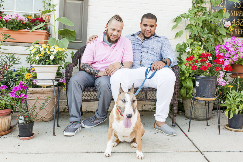 Two dog dads sitting on bench and their Bull Terrier, Old Town Alexandria ©Megan Rei Photography | lifestyle dog photography