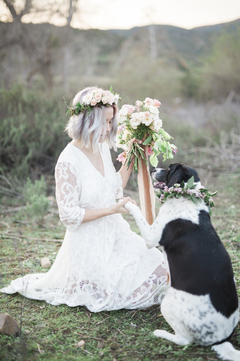 woman wearing white dress and floral crown shaking dog's paw | ©My Sun And Stars | San Diego dreamy styled shoot with dogs and flowers