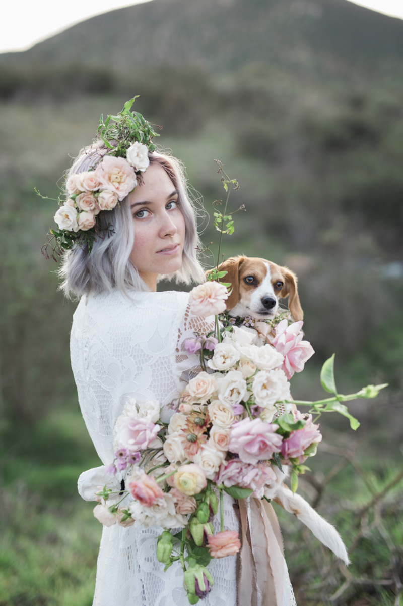 woman holding dog and beautiful bouquet, ©My Sun And Stars | San Diego, ideas for dog-friendly wedding