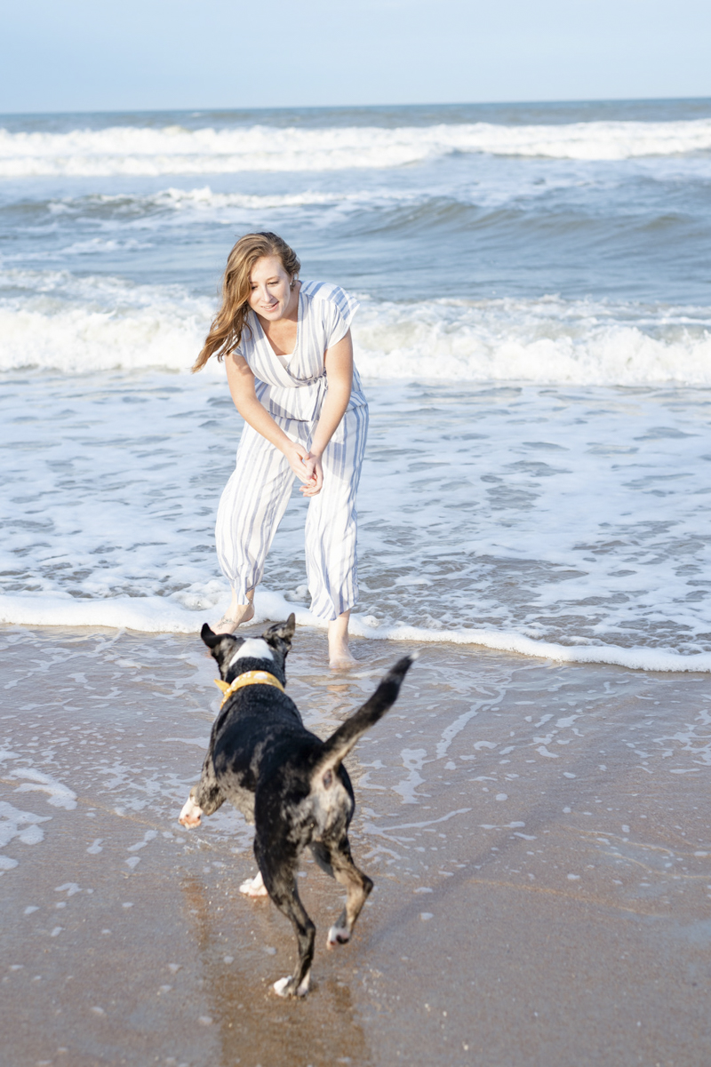 woman and her dog playing at the beach, ©1416 Photography, Marineland Beach Florida, 