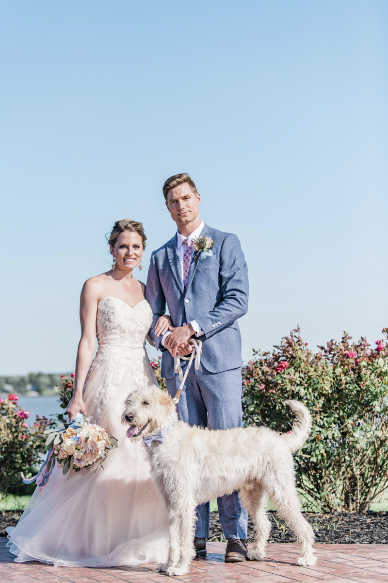 wedding couple and Labradoodle, dog-friendly Patriotic Styled Shoot