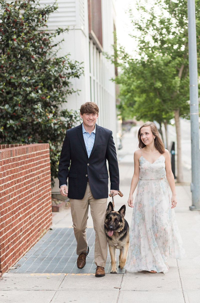 couple in date night clothes and their German Shepherd, ©Story & Rhythm, Raleigh, NC engagement session