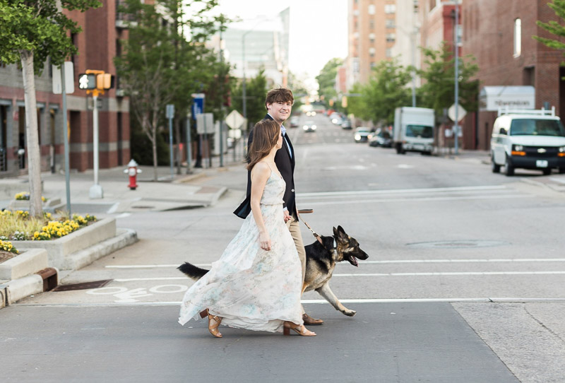 stylish couple walking their dog, ©Story & Rhythm, Raleigh, NC engagement session