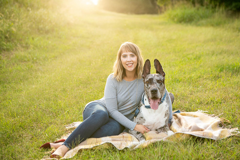 woman and Great Dane sitting on blanket, golden hour pet photography, ©Mandy Whitley Photography | celebrating the bond between pets and people