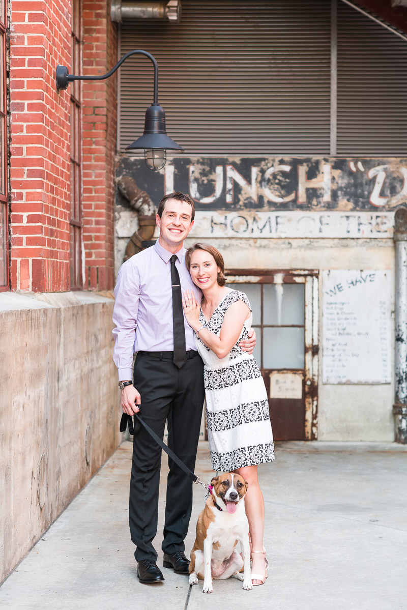 engagement photos with couple and cute mixed breed dog | © Michelle and Sara Photography | American Tobacco Campus