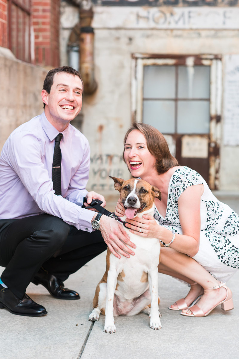 date night engagement photos with a dog, © Michelle and Sara Photography | American Tobacco Campus