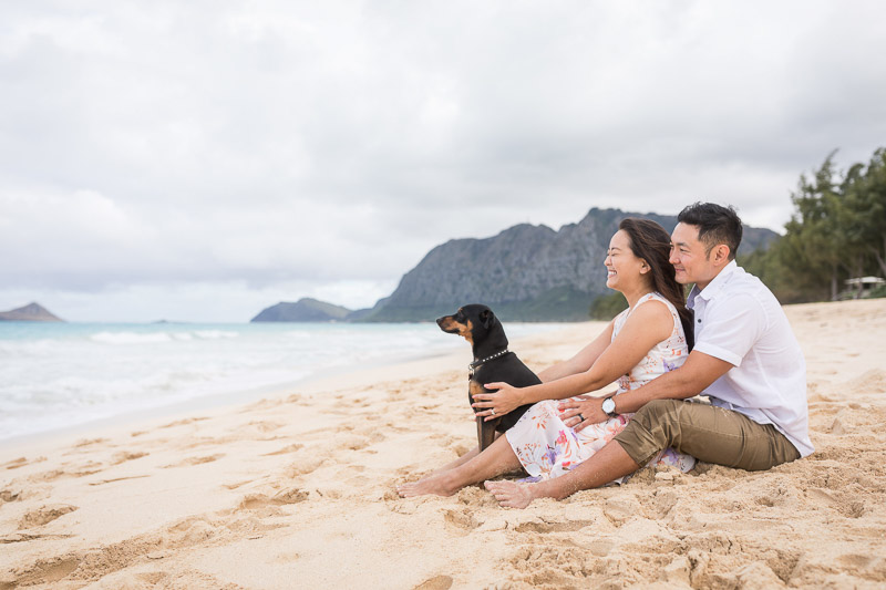 couple and their dog looking at the ocean, Hawaii engagement photography | ©VIVIDFotos