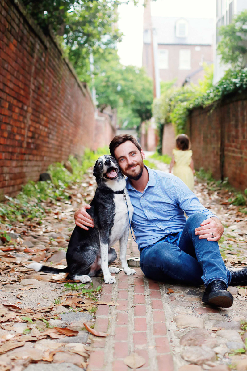 man and his dog in brick alley, ©Helena Woods man's best friend