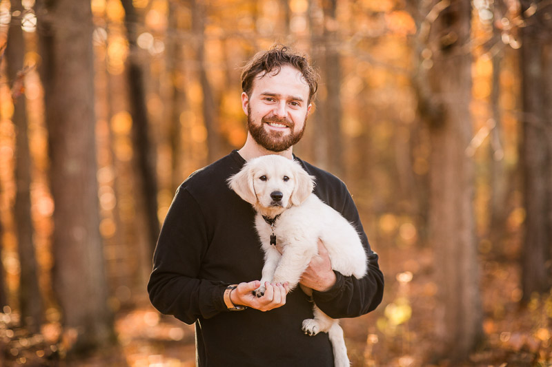 Pets and people portraits: man and his puppy, English Cream Golden Retriever puppy | ©Katelyn Workman Photography