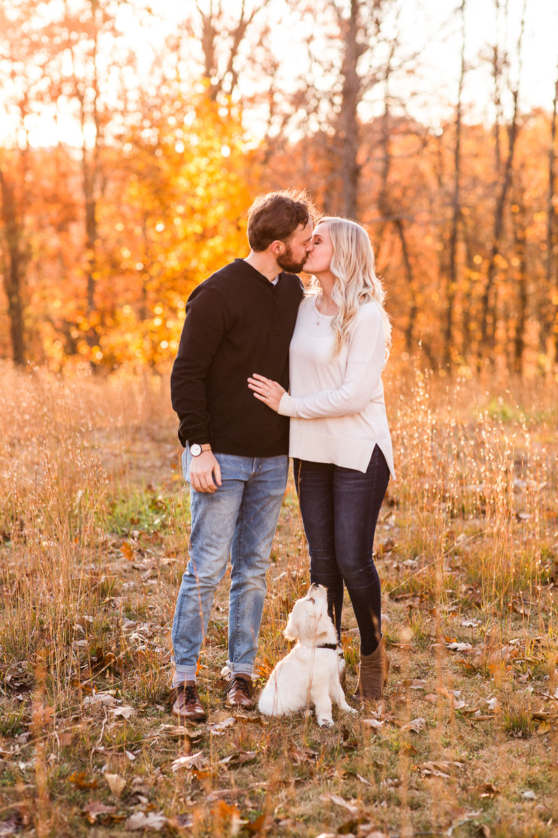 Puppy looking up at couple who are kissing, fall anniversary photos, ©Katelyn Workman Photography