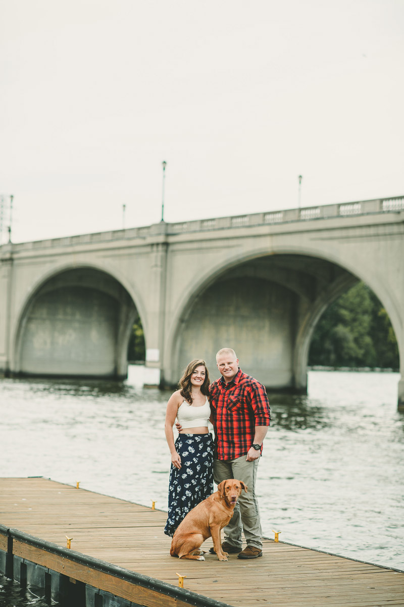 humans and dog on dock, ©Kate Spencer Photography | Dog friendly engagement session, Springfield, Illinois