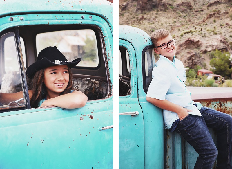 fun family portraits, teal vintage truck | ©Sarah Jay Photography, Nelson, Nevada
