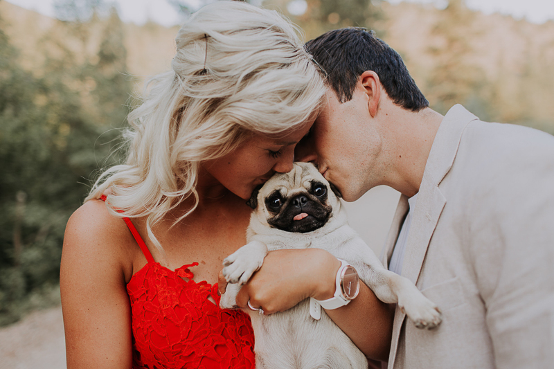 couple kissing a Pug, engagement session with a Pug, ©Abbey Armstrong Photography