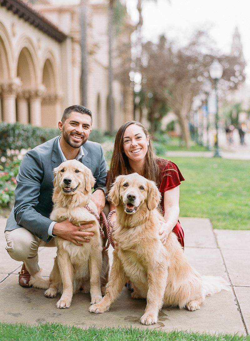 Balboa Park engagement session with dogs, ©The Ganeys