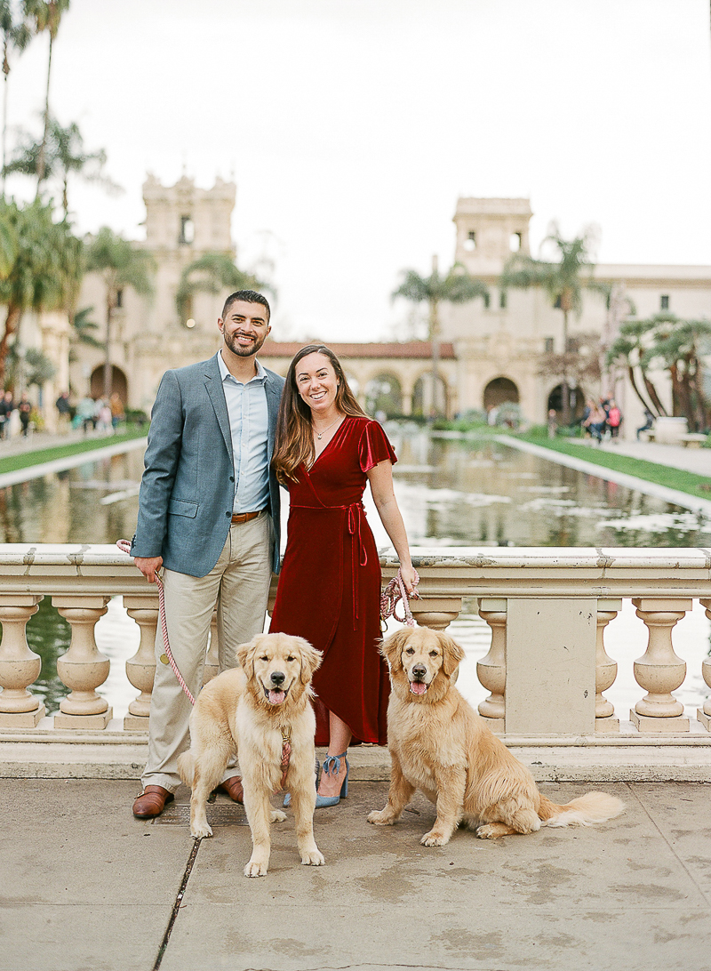 engagement session with Golden Retrievers, Balboa Park, ©The Ganeys