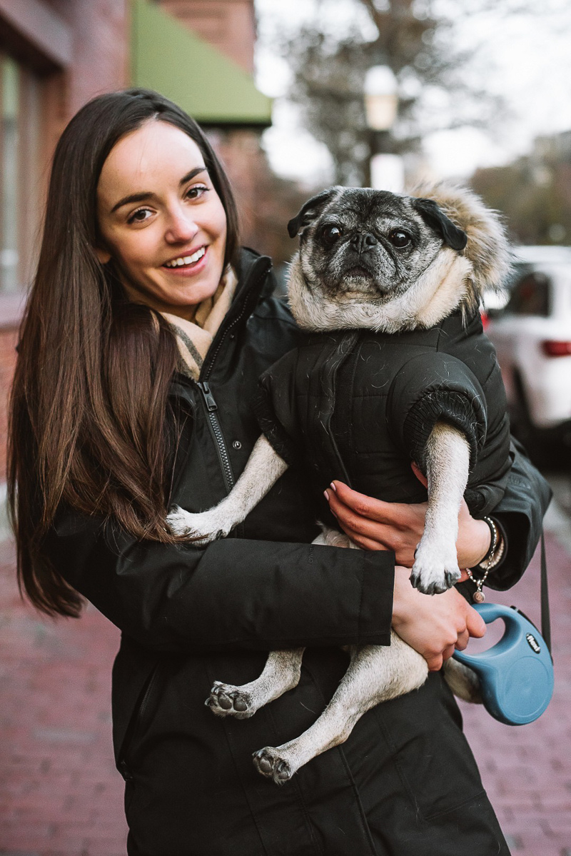 Pug wearing black coat with fur hood, ©Mei Lin Barral Photography, lifestyle pet photographer, Boston and New England