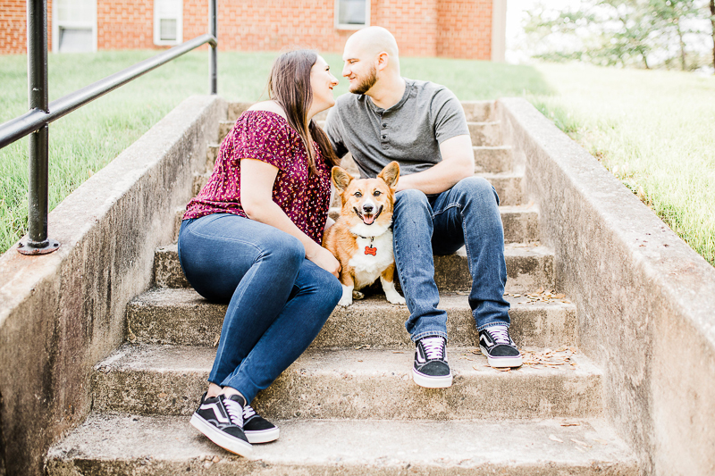 Corgi sitting on steps with couple | ©Morgan Lee Photography | Northern Virginia engagement photography