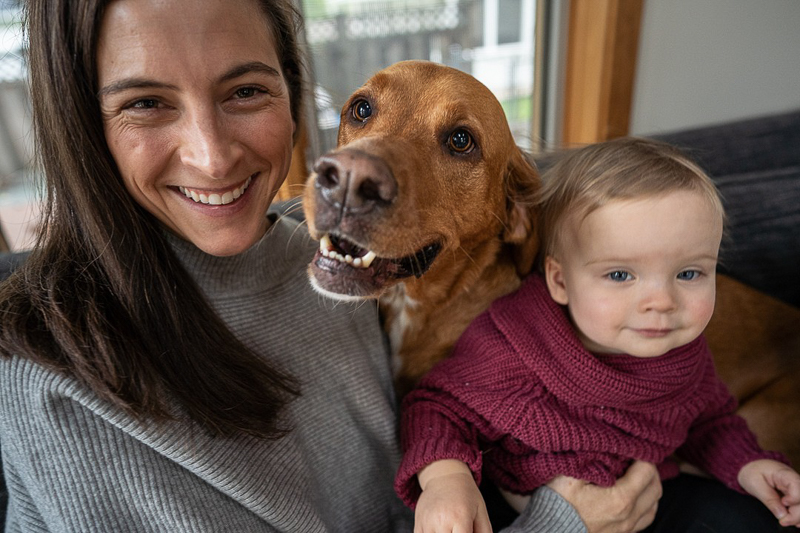 mom with dog and toddler, ©Ueda Photography | Madison, Wisconsin