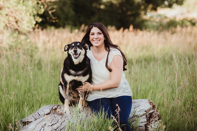 woman and her dog on large log, ©Good Morrow Photography | end of life pet photography