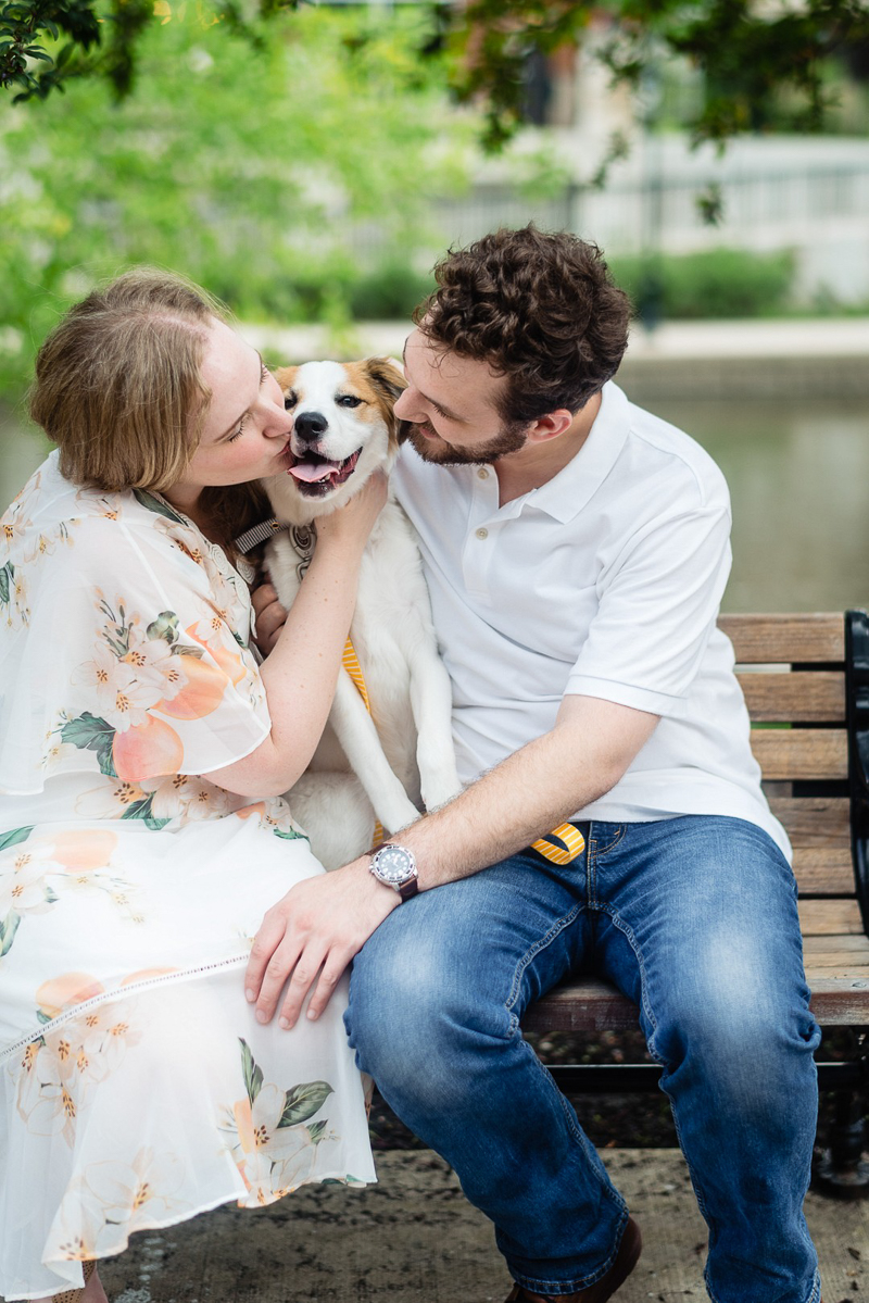 puppy love, couple sitting with their puppy on park bench, dog-friendly engagement session | ©Jennifer Lourie -Naperville, Illinois