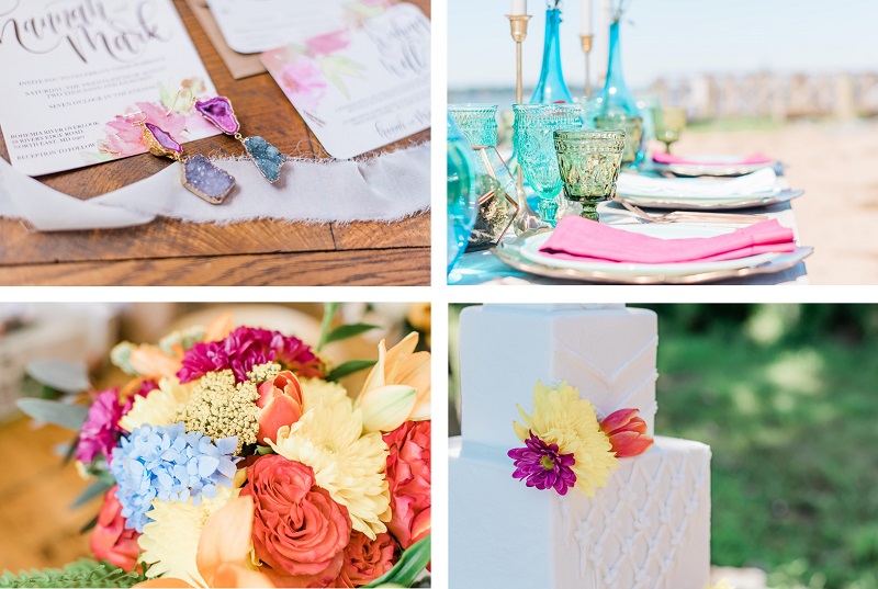Landrum Photography, Boho wedding details | invitation, earrings, table setting, flowers, cake