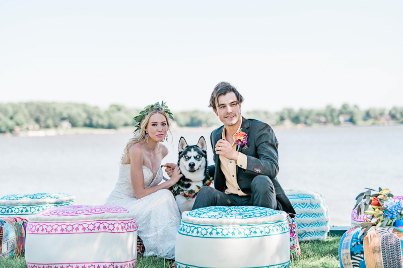 Siberian Husky , boho inspired wedding ideas, poofs for weddings | ©Landrum Photography