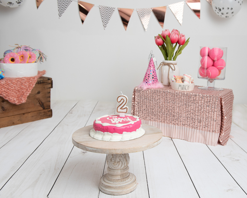 photoshoot to celebrate dog's birthday, dog birthday cake, pink tennis balls, flowers, dog toys | ©Luciana Calvin Photography
