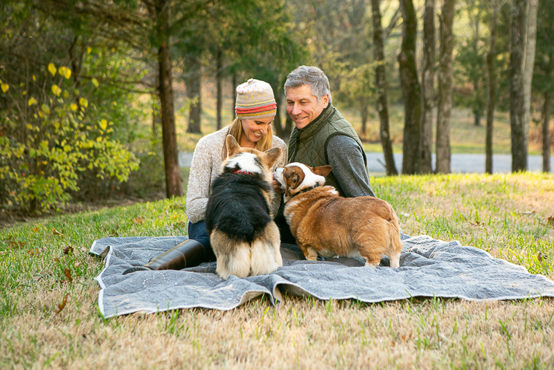 couple and Corgi duo on a blanket, cute Corgi butts, ©Mandy Whitley Photography, dog-friendly family photography, Nashville, TN