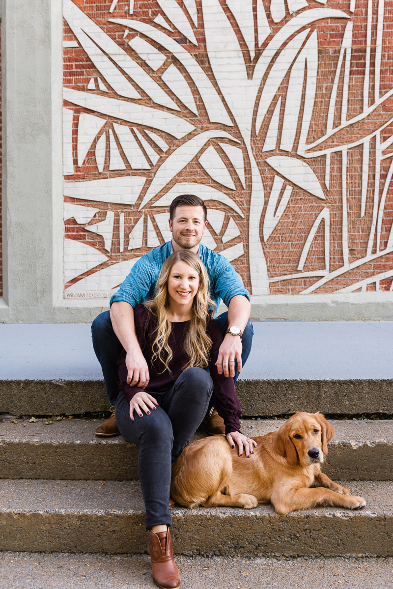 couple and their dog on steps, on location modern pet photography | Alice G Patterson Photography, Syracuse, NY
