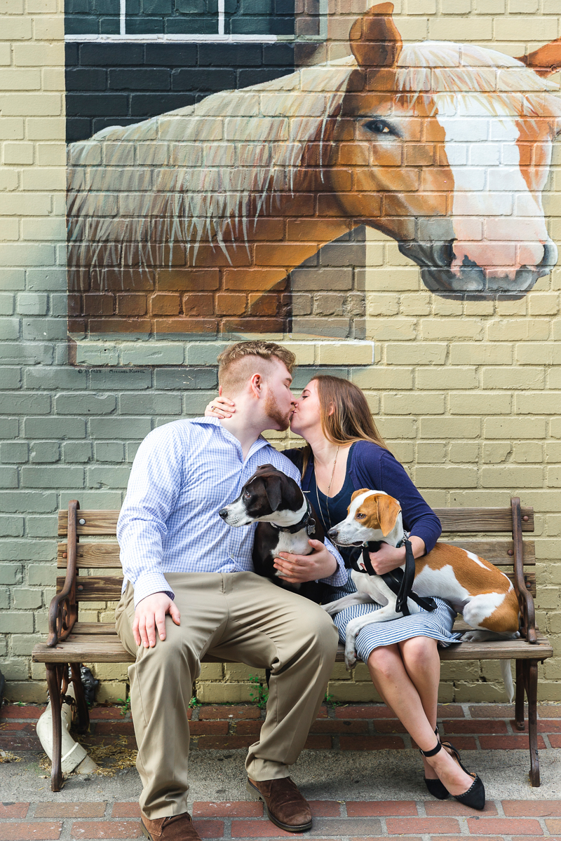 couple and their dogs under horse mural, Charleston Place | Charleston Photo Art 