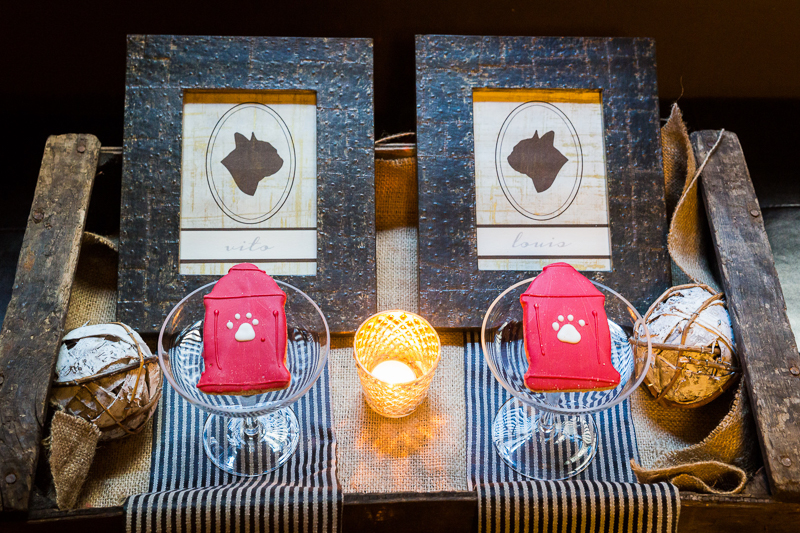 dog-friendly wedding details, fire hydrant cookies, Frenchie silhouettes | ©Robert Evans Studios