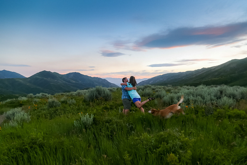 romantic portraits in Emigration Canyon, couple and their dog | ©Halie West Photography
