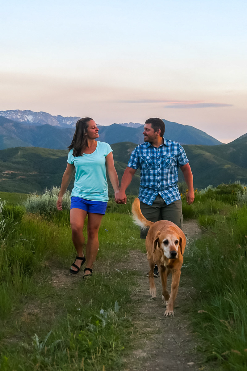 couple and their retriever walking on trail, Emigration Canyon, Utah ©Halie West Photography | adventure dog photography