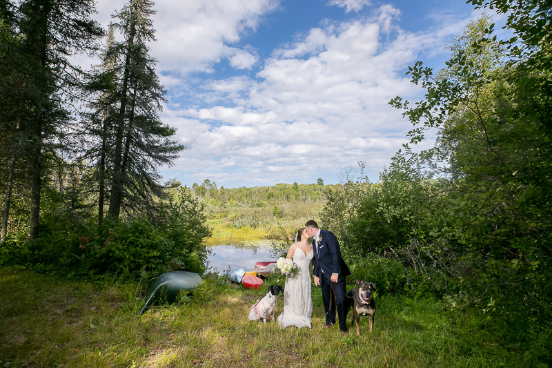 bride and groom and their dogs in front of river or pond, ©Jeannine Marie Photography, Duluth, MN