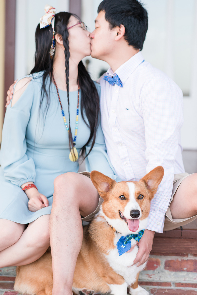 Corgi wearing a tie and his favorite people, ©Michelle & Sara Photography