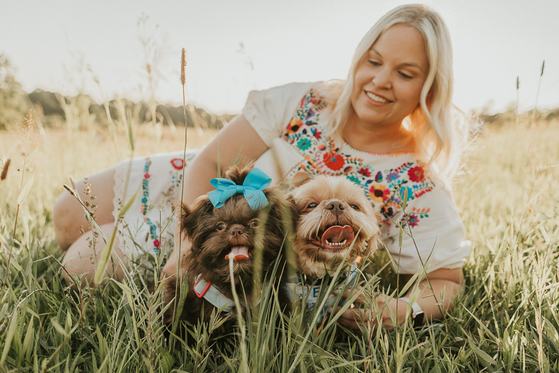 woman wearing embroidered dress and her 2 Shih Tzus | ©Nathalia Frykman Photography, 