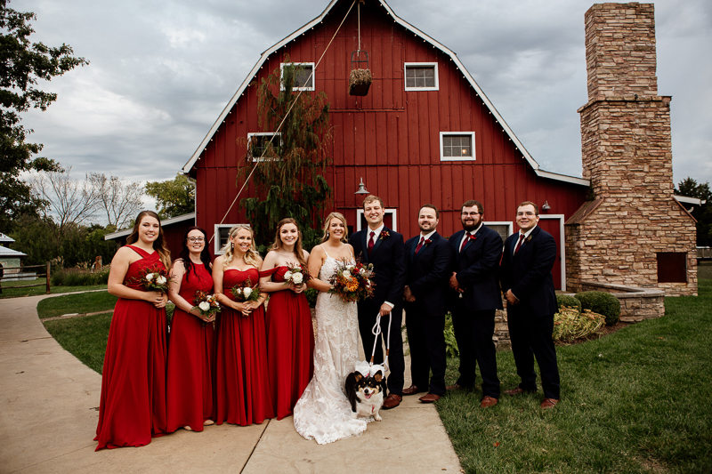 fall wedding party in front of red barn, dog of honor | © McKenzie Bigliazzi Photography, Wright City, MO