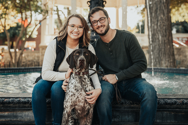 German Shorthaired Pointer and humans in front of fountain, dog-friendly engagement session | Joshua and Parisa Photography