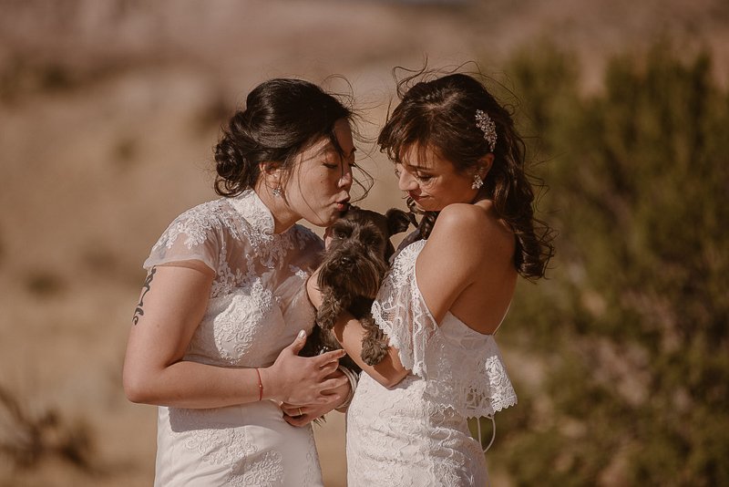brides and their dog, © Adventure Instead dog-friendly elopement ideas, same sex wedding