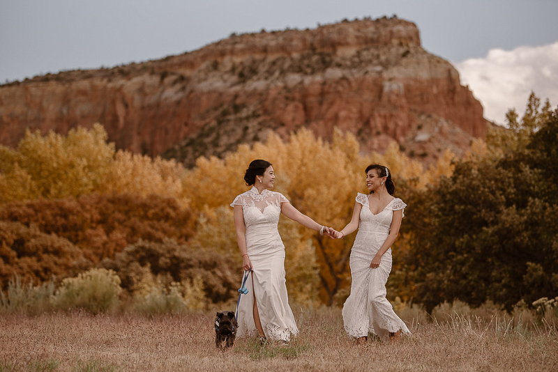 two brides and their dog, © Adventure Instead elopement photography, Abiquiú, NM 