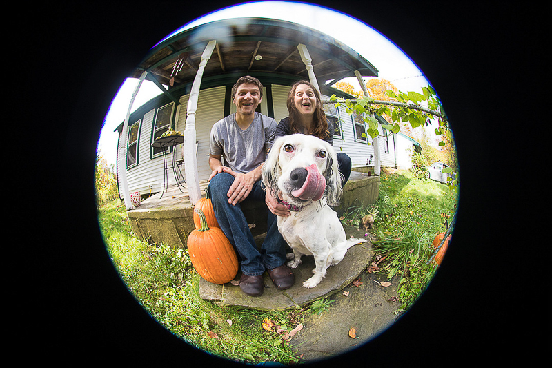 fun engagement photo idea, Fall engagement portraits with a dog | ©Cat Cutillo Photography