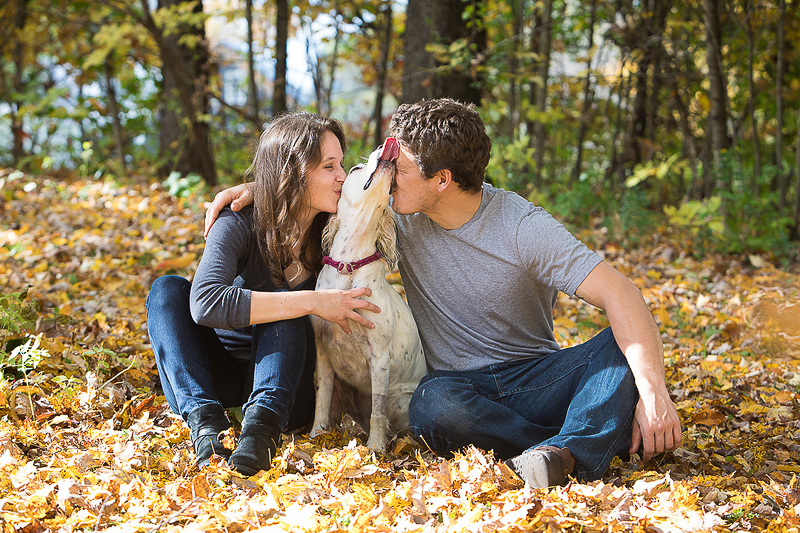 happy couple and their dog, autumn engagement photos ideas, ©Cat Cutillo Photography
