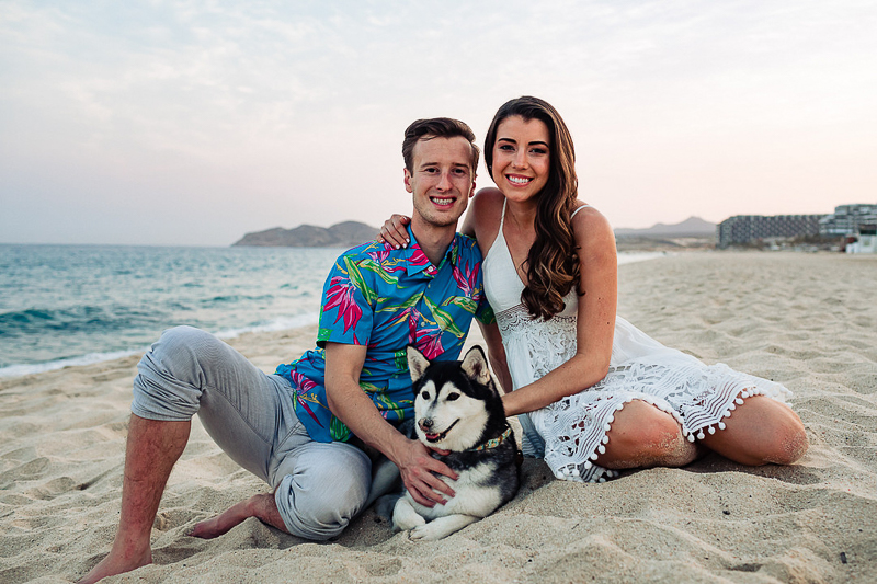 couple and their Alaskan Klee Kai on the beach, ©Fabi Rosas Photography, dog-friendly engagement session Cabo, Mexico