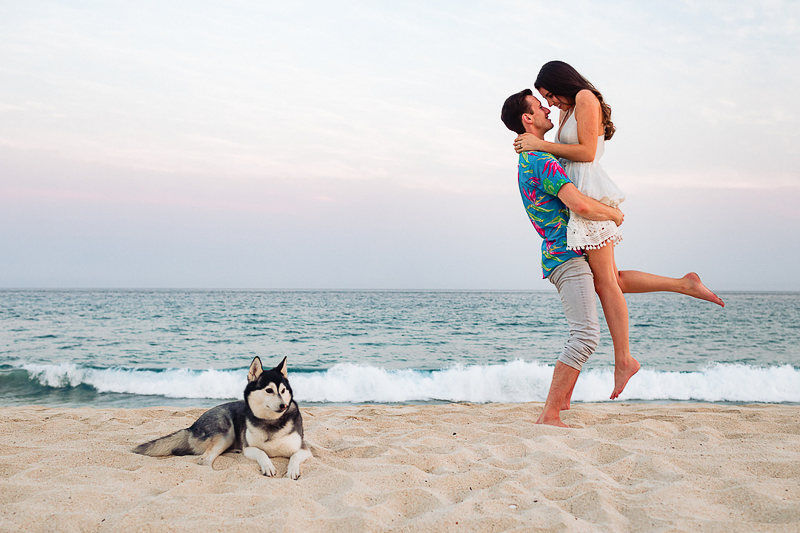 mini Husky lying on the beach, humans embracing | ©Fabi Rosas Photography, dog-friendly engagement session Cabo, Mexico