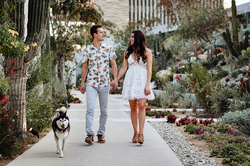 couple holding hands walking with their dog, Alaskan Klee Kai | ©Fabi Rosas Photography, dog-friendly engagement session Cabo, Mexico