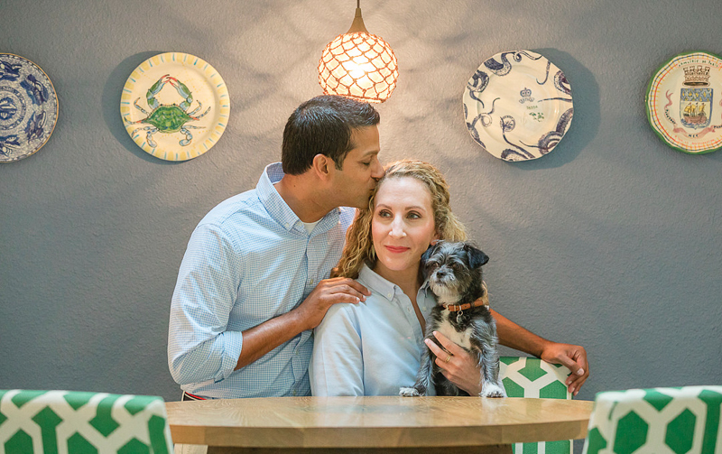 cute couple and their dog at home, lifestyle portrait ideas, ©Charleston Photo Art