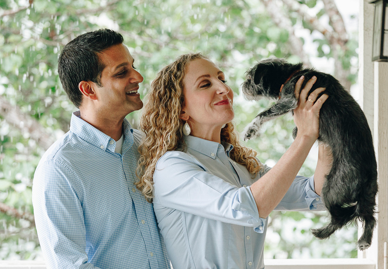 couple and their mixed breed dog, in home portrait session ideas, ©Charleston Photo Art