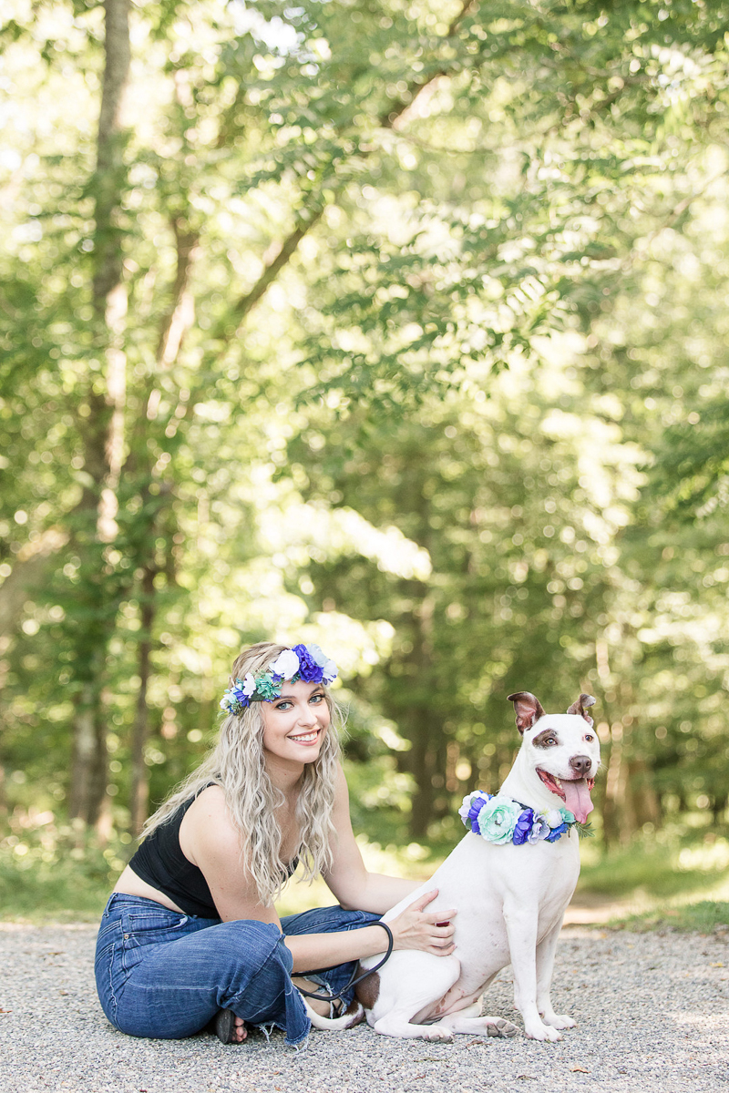 woman and Pittie mix wearing floral crowns, on location pets and people portraits, Allaire State Park, NJ | Limelight Entertainment