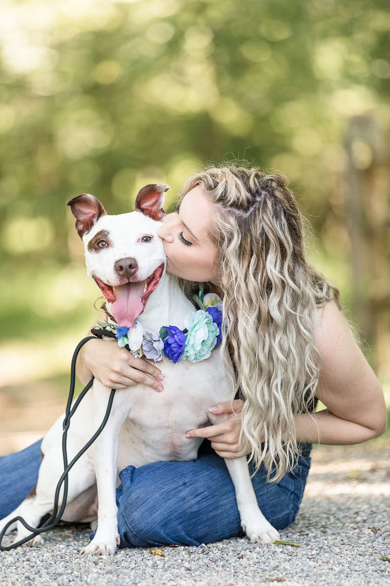 happy dog being kissed by woman | ©Limelight Entertainment | pet-friendly portrait session, Allaire State Park, NJ