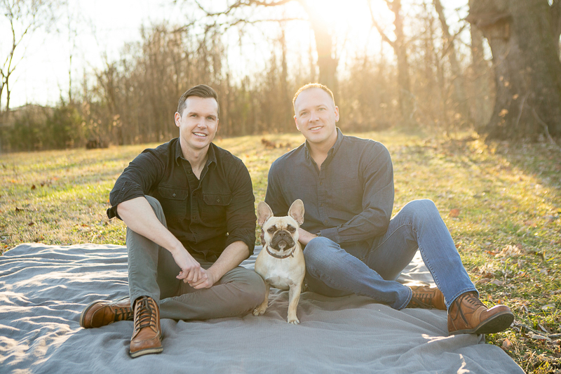ideas for late fall pet portrait session, same sex couple and their Frenchie, ©Mandy Whitley Photography | Photography for Pets and Their People